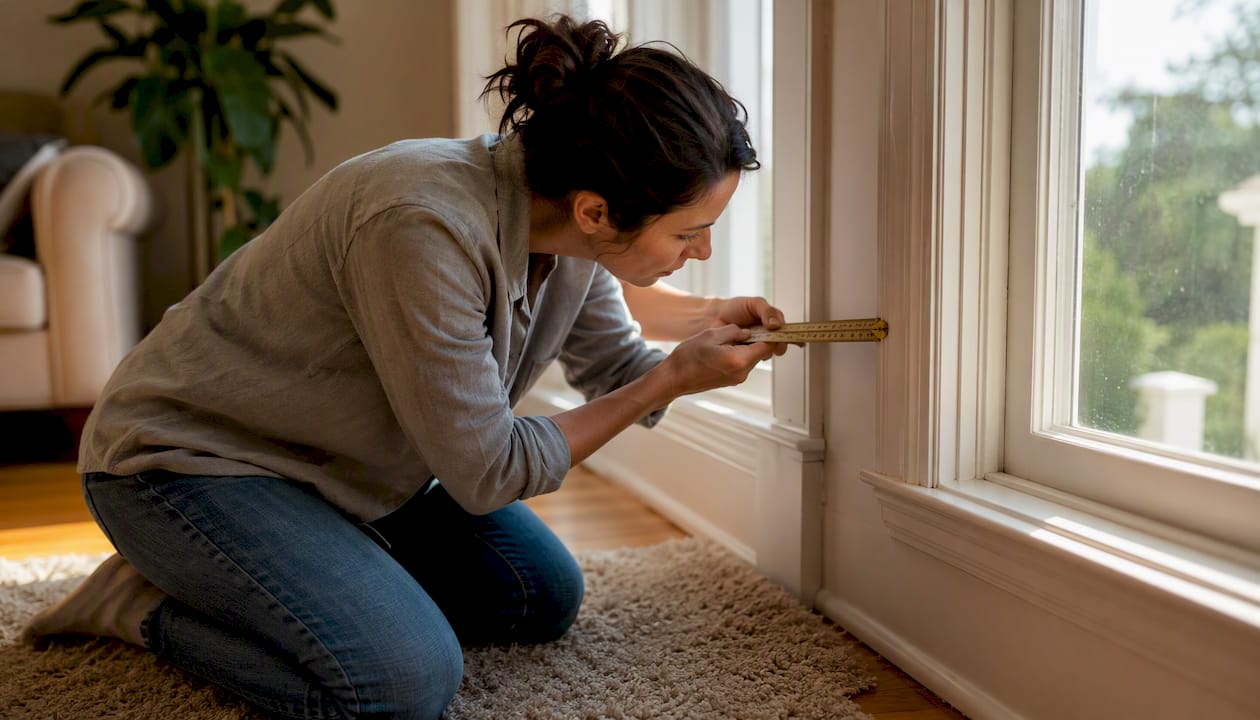 Hand measuring window recess depth with ruler
