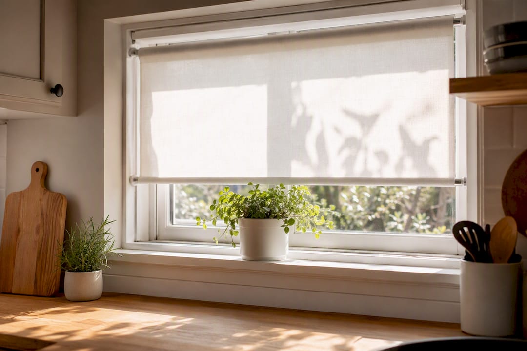 Window with tension rod no-drill blinds installed