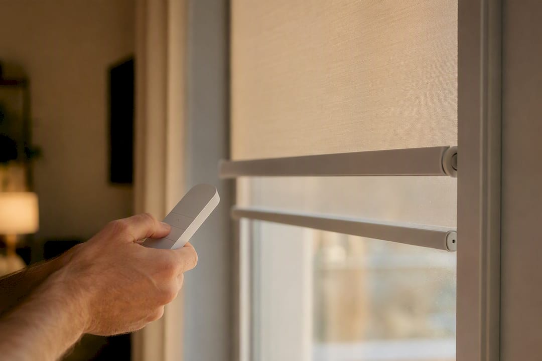 Hands adjusting control rod on double roller shade