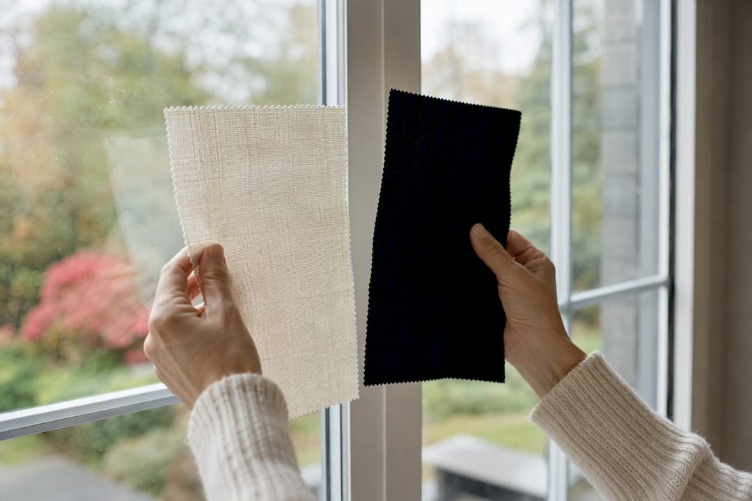 Fabric swatches against window with sunlight