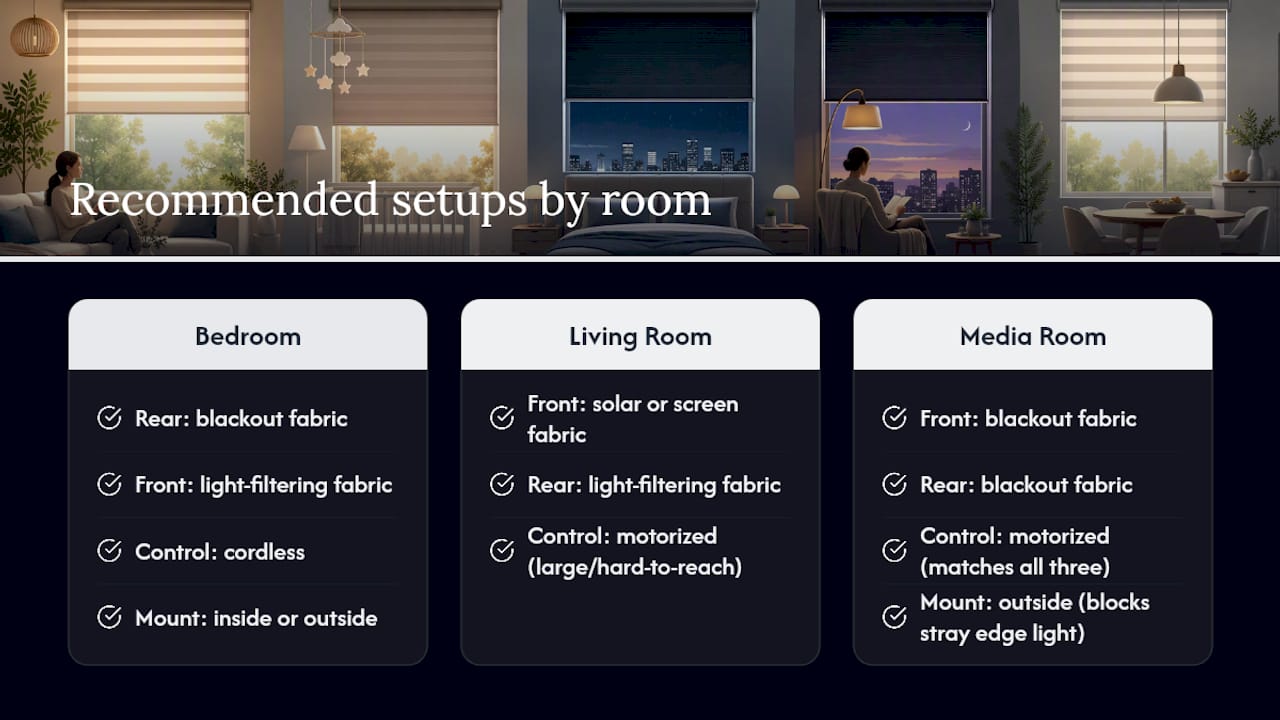 Diagram of double roller shade setups by room