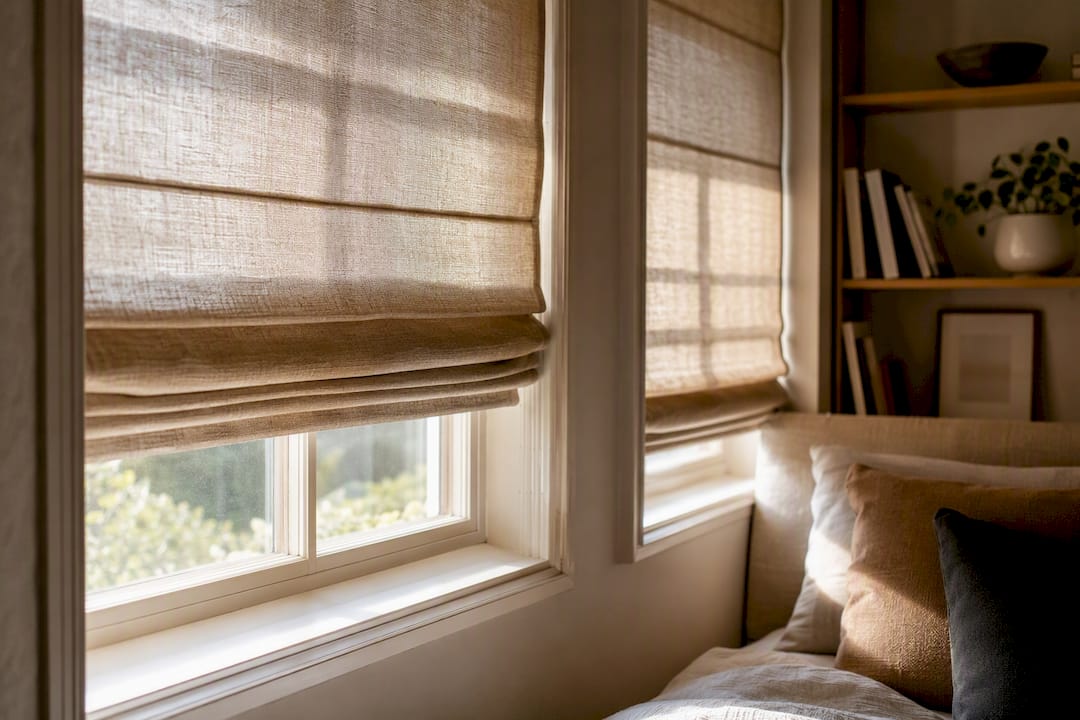 Roman shades with soft pleats in living room window