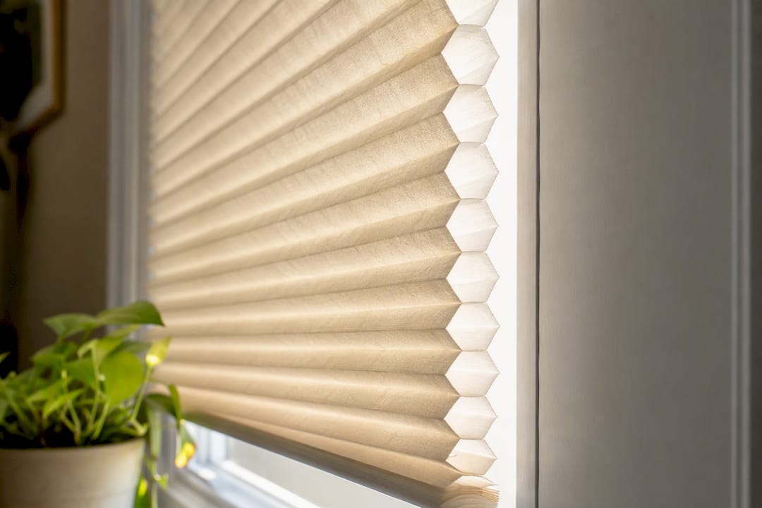 Cellular honeycomb shade filtering sun and insulating room