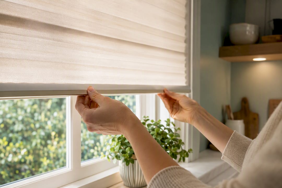 Hands adjusting cordless TDBU shade bottom rail
