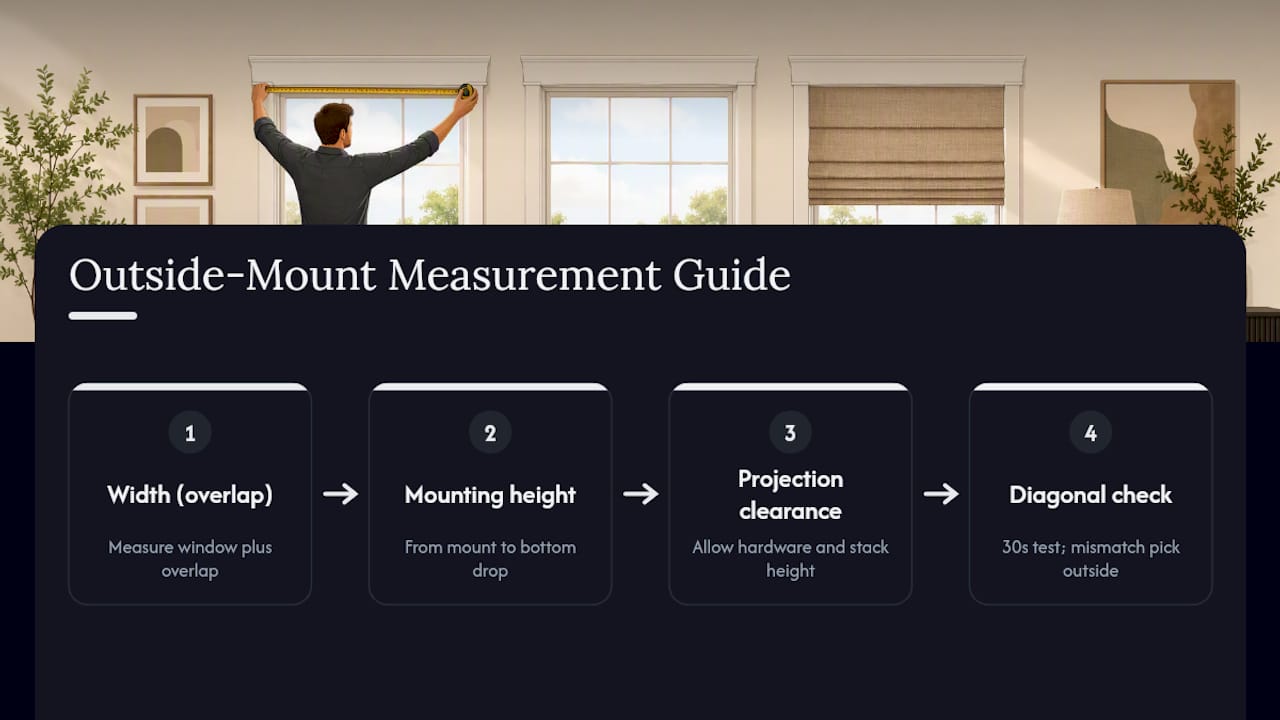 Diagram showing outside mount Roman shade measurements