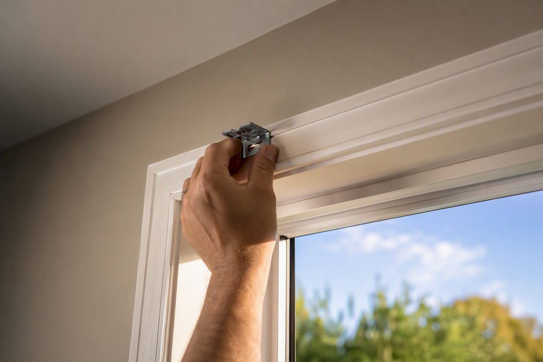 Hand holding Roman shade mounting bracket outside window