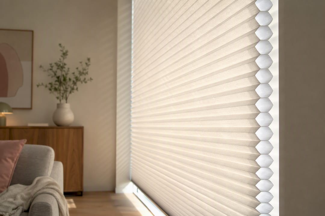 Cellular honeycomb shades on tall window