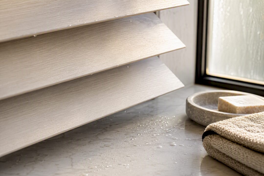 Moisture-resistant faux wood slat detail