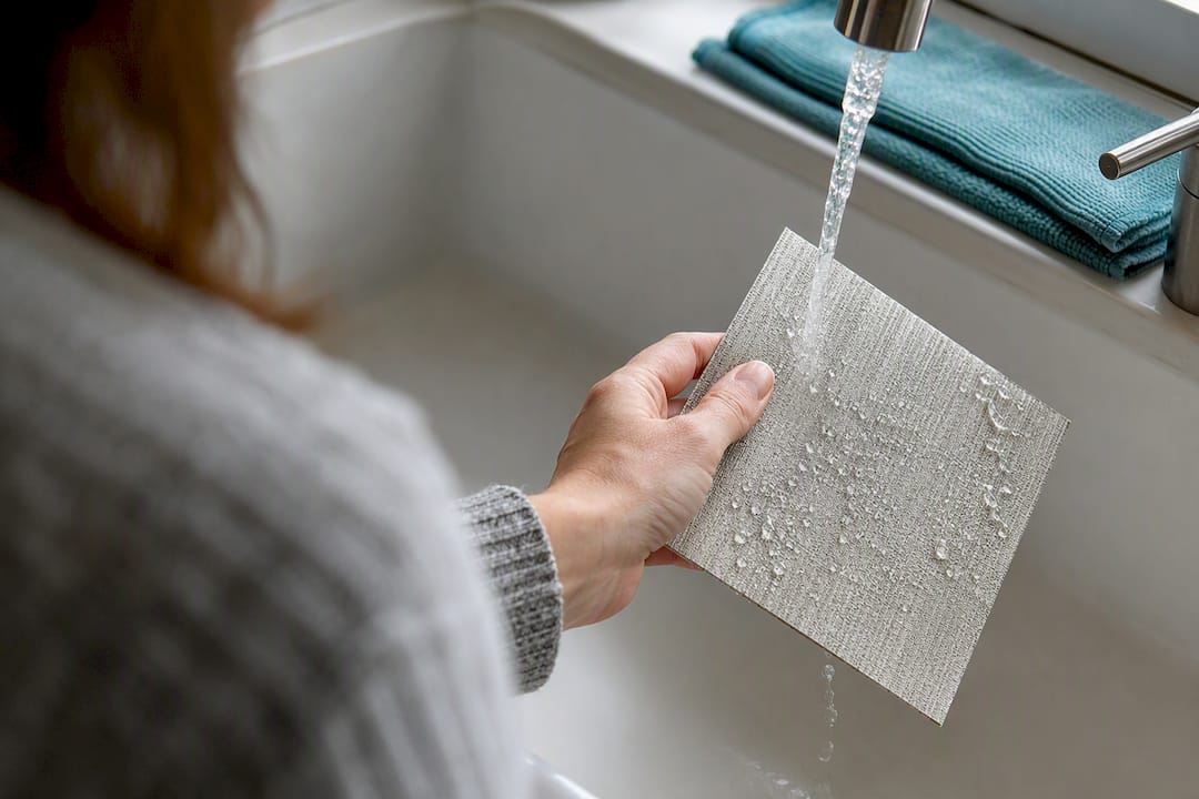 Testing window treatment swatch under warm water