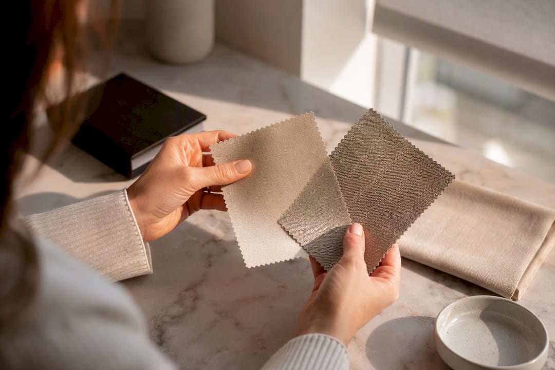 Hands comparing fabric swatches by window