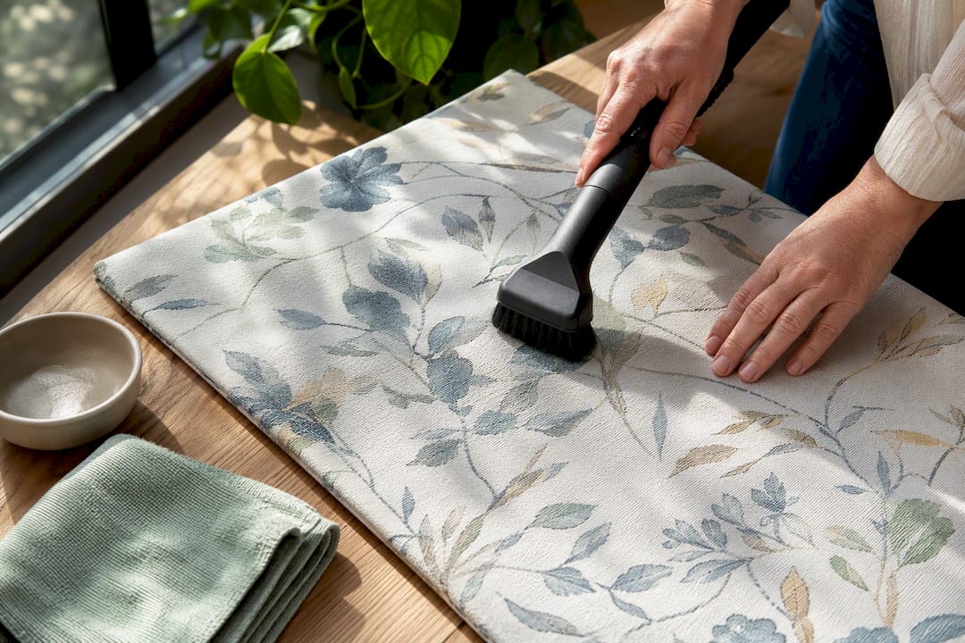 Hands gently cleaning printed shade fabric