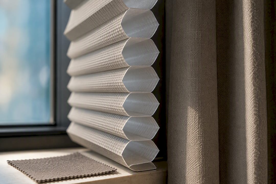 Honeycomb shade cells beside layered drapery