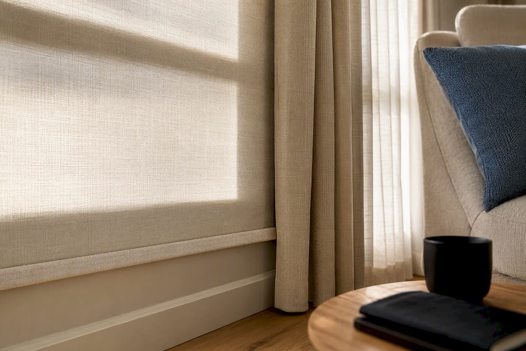 Neutral blind and drapery coordinated with interior