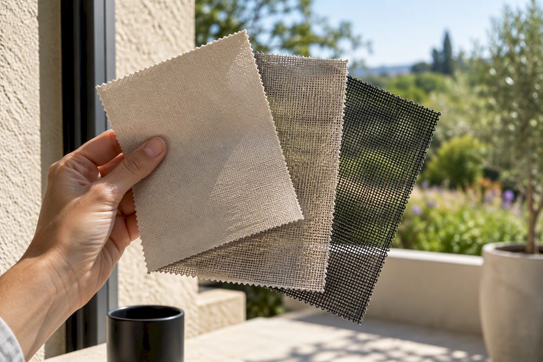 Shade fabric swatches tested in outdoor light