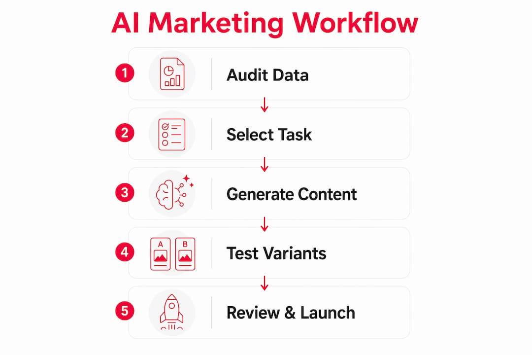 Infographic showing generative AI marketing workflow steps