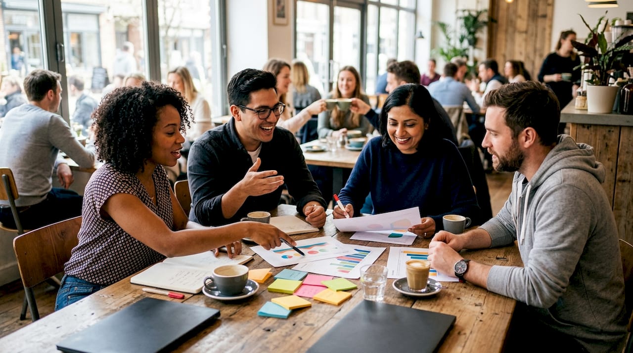 Marketing team collaborating on AI content drafts