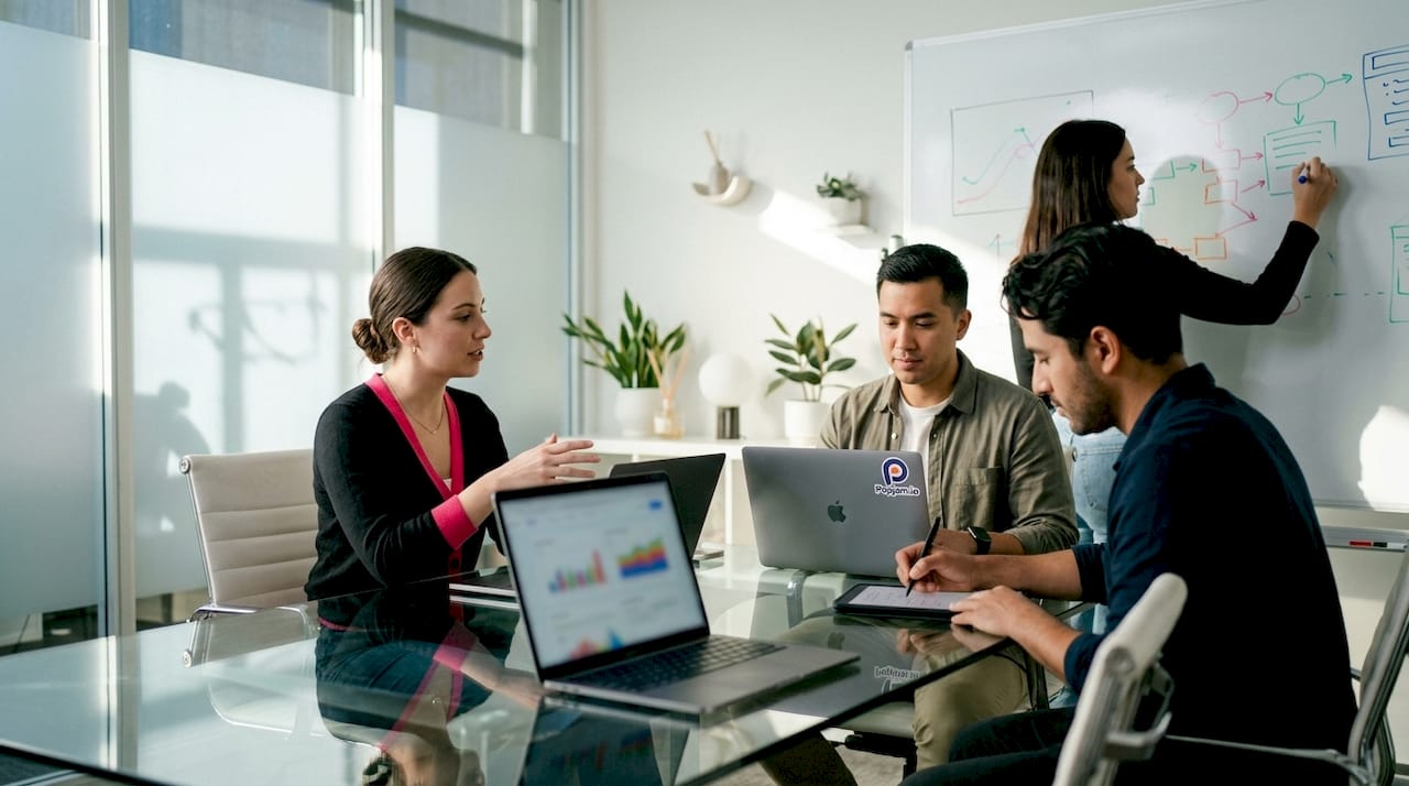 Marketing team collaborating using AI tools in office