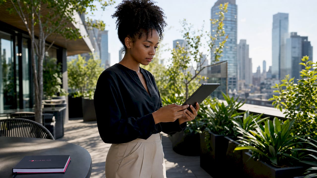 Woman using AI ad tools at office desk