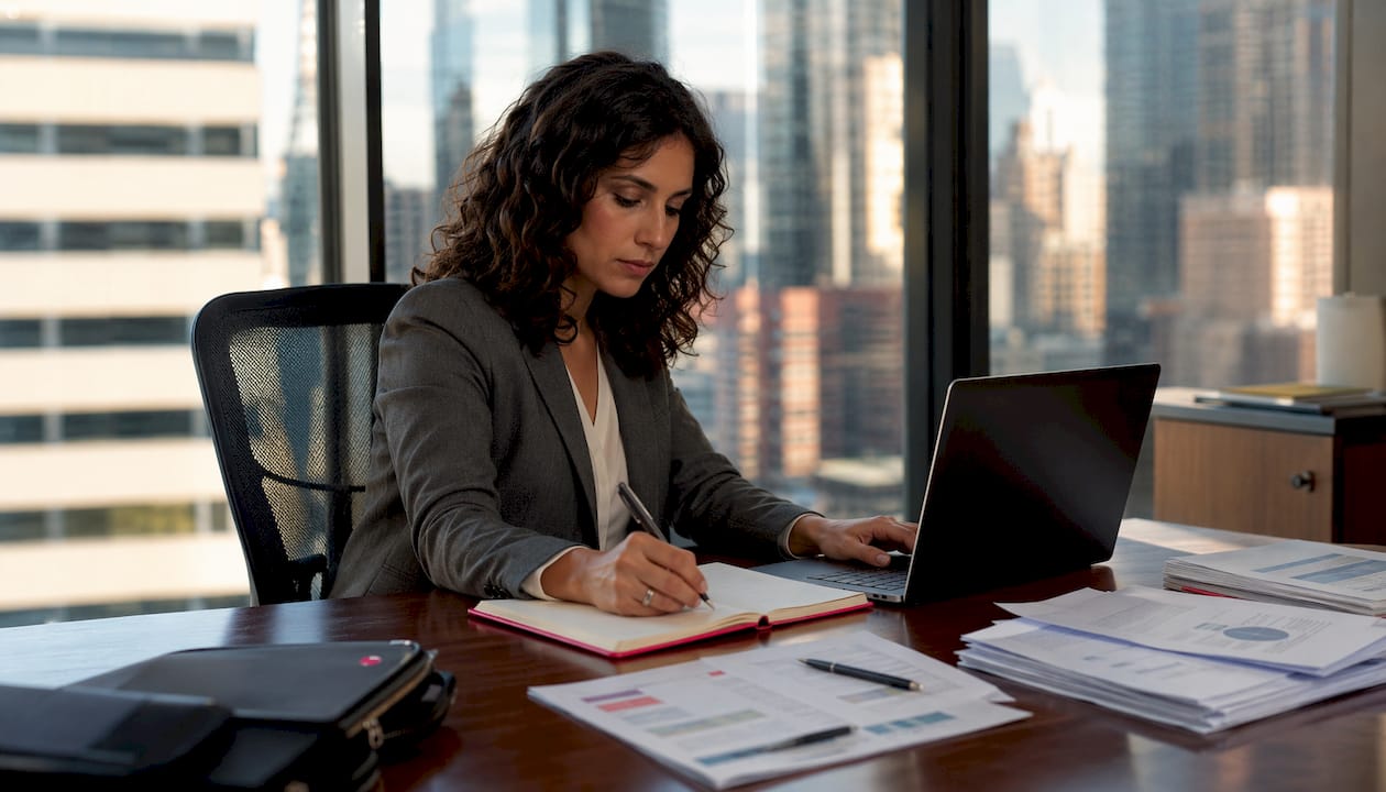 Woman conducting AI-driven research at desk