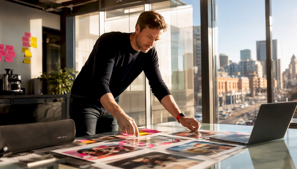 Hands arranging AI ad personalization prints