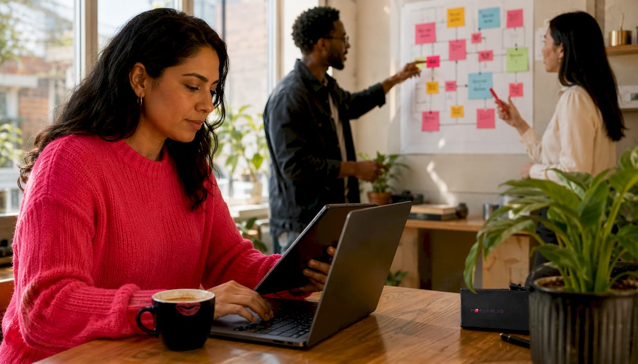 Team managing AI campaign in office