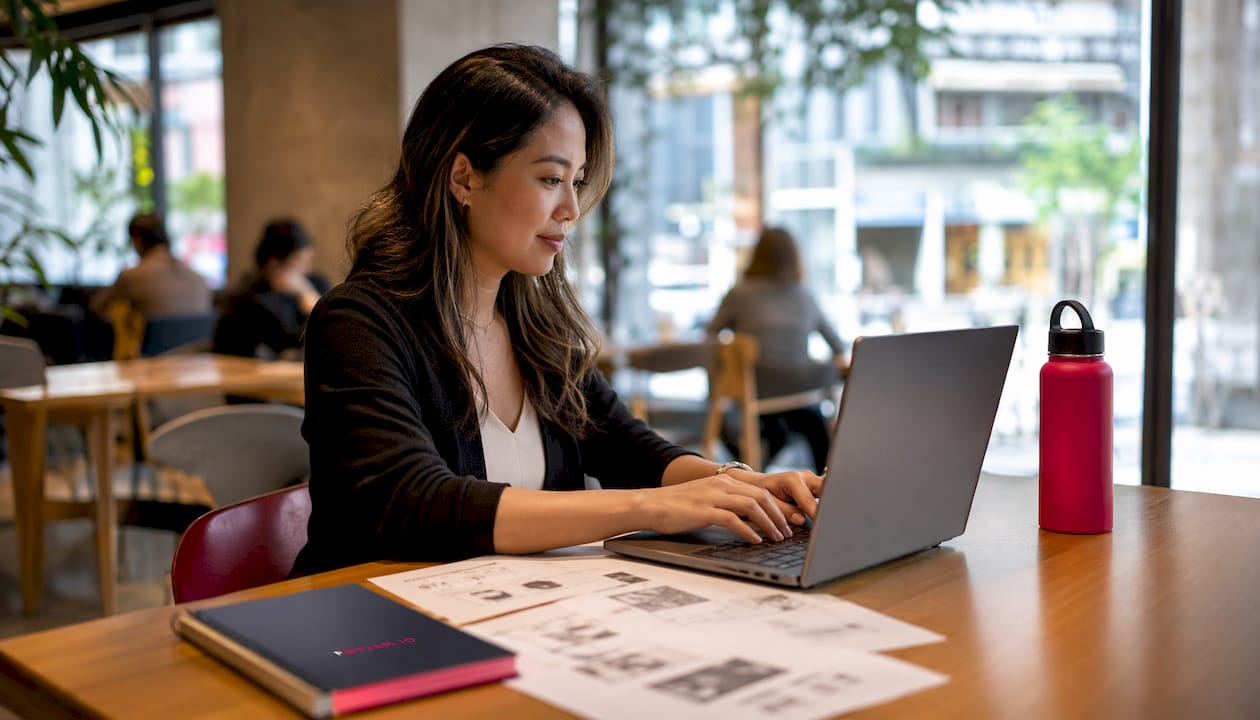 Woman working on AI ad maker software at home