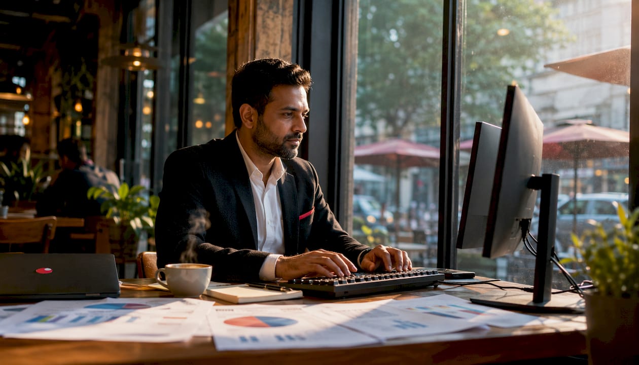 Marketing analyst working on ad metrics at desk
