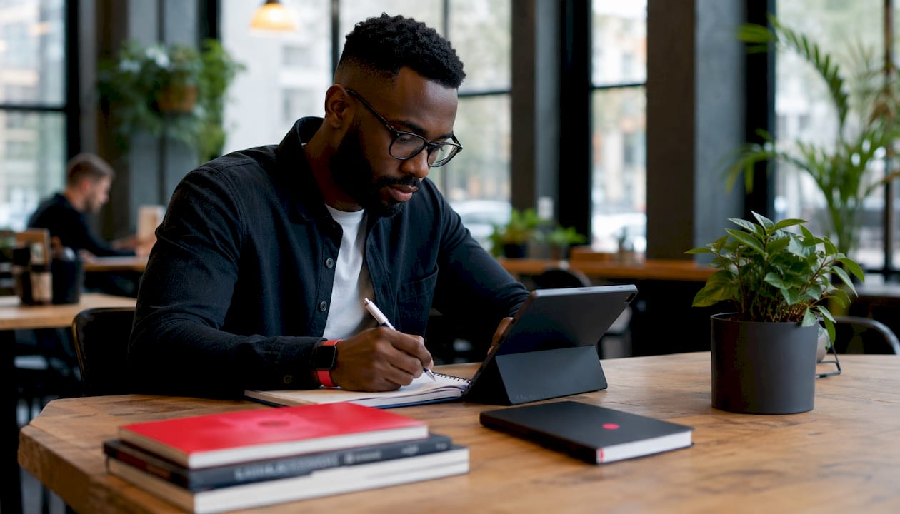 Marketing professional reviewing AI ad brief at desk