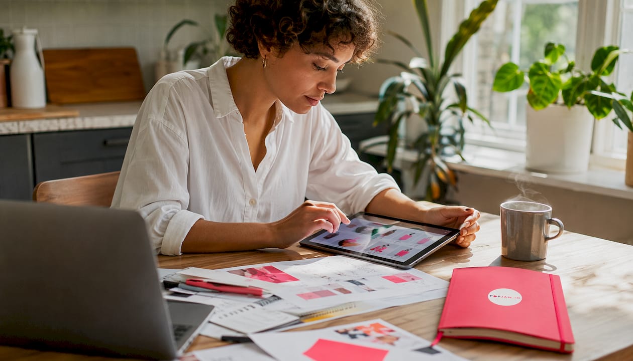 Marketer reviewing product images on tablet