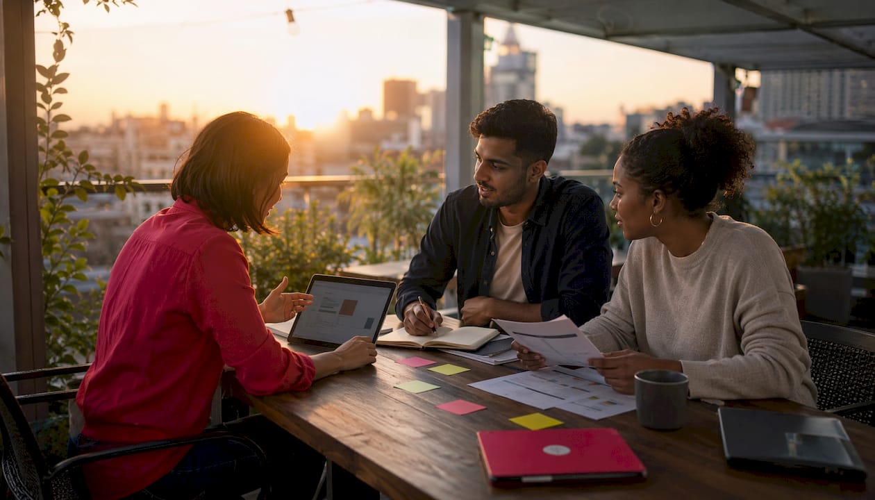 Marketing team collaborating on AI ad creative