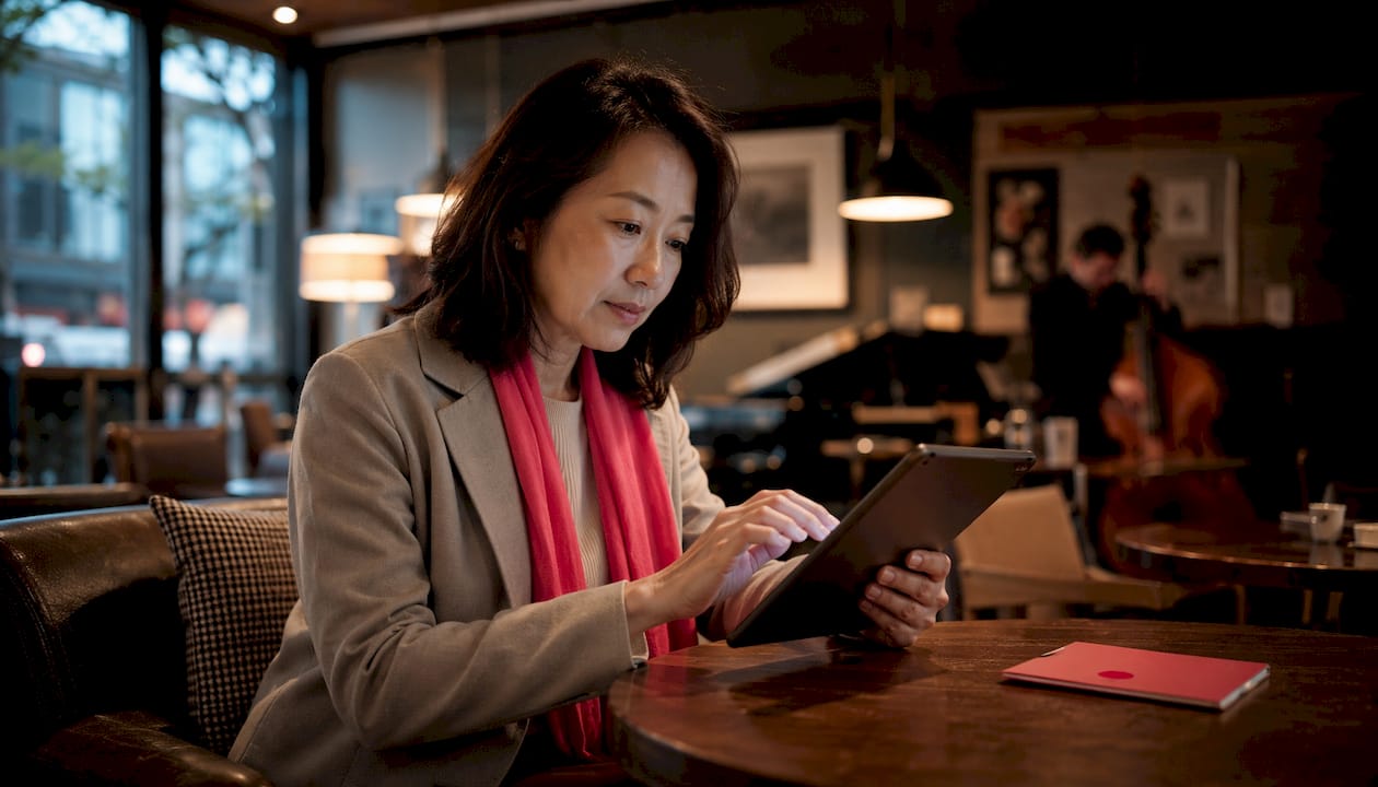Woman analyzing video metric data on tablet