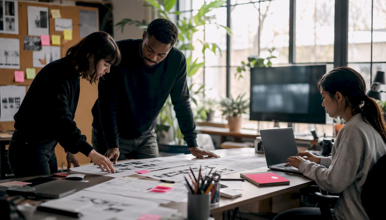 Team collaborating in a creative production studio