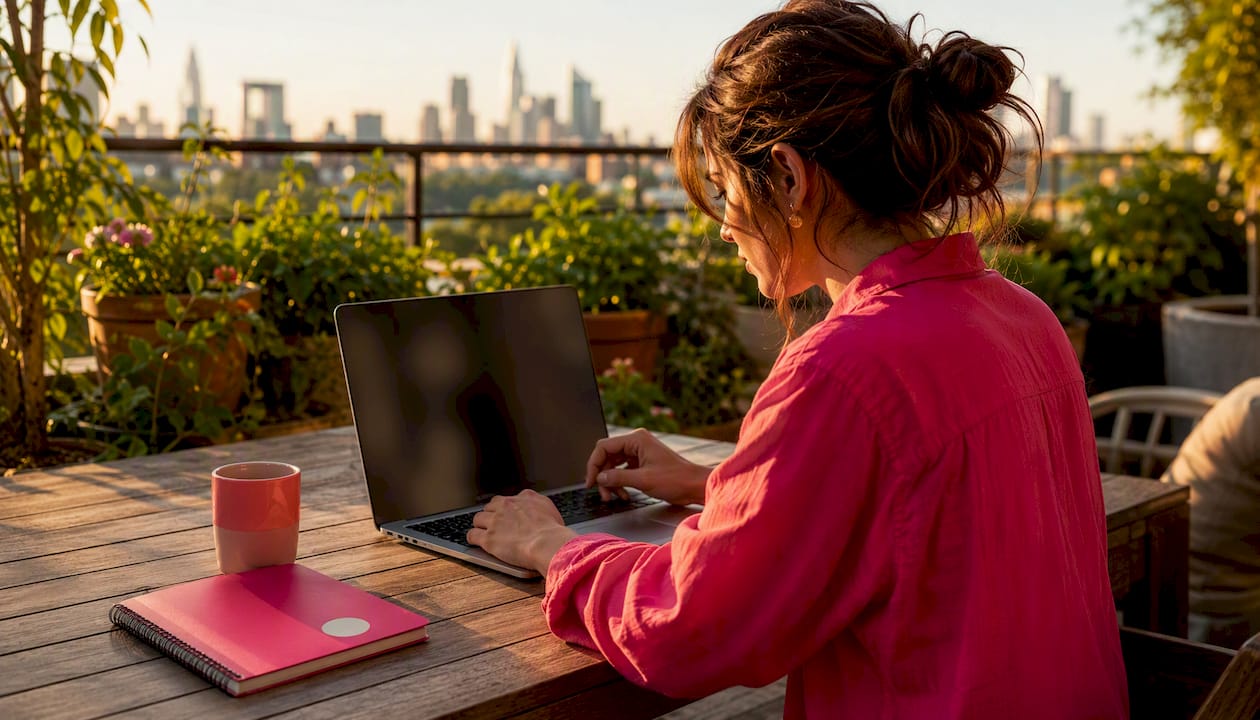 Marketer reviewing creative ad variants on laptop