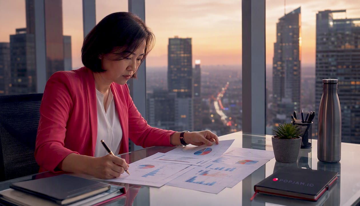 Woman analyzing ad performance metrics at desk