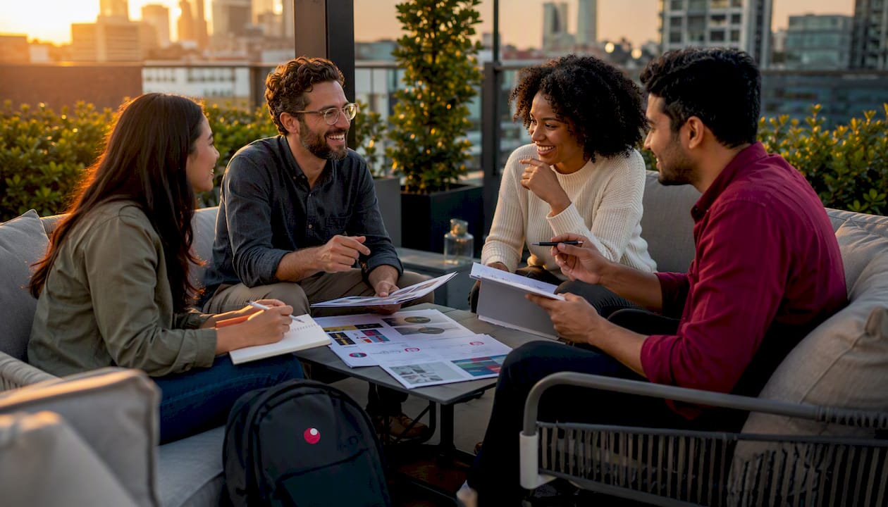 Marketing team collaborating on strategy in conference room