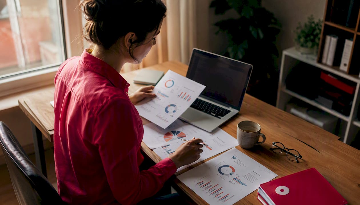 Analyst reviewing consumer data papers and tablet