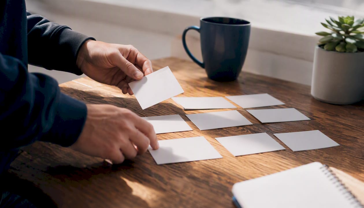 Hands sorting concept cards for testing