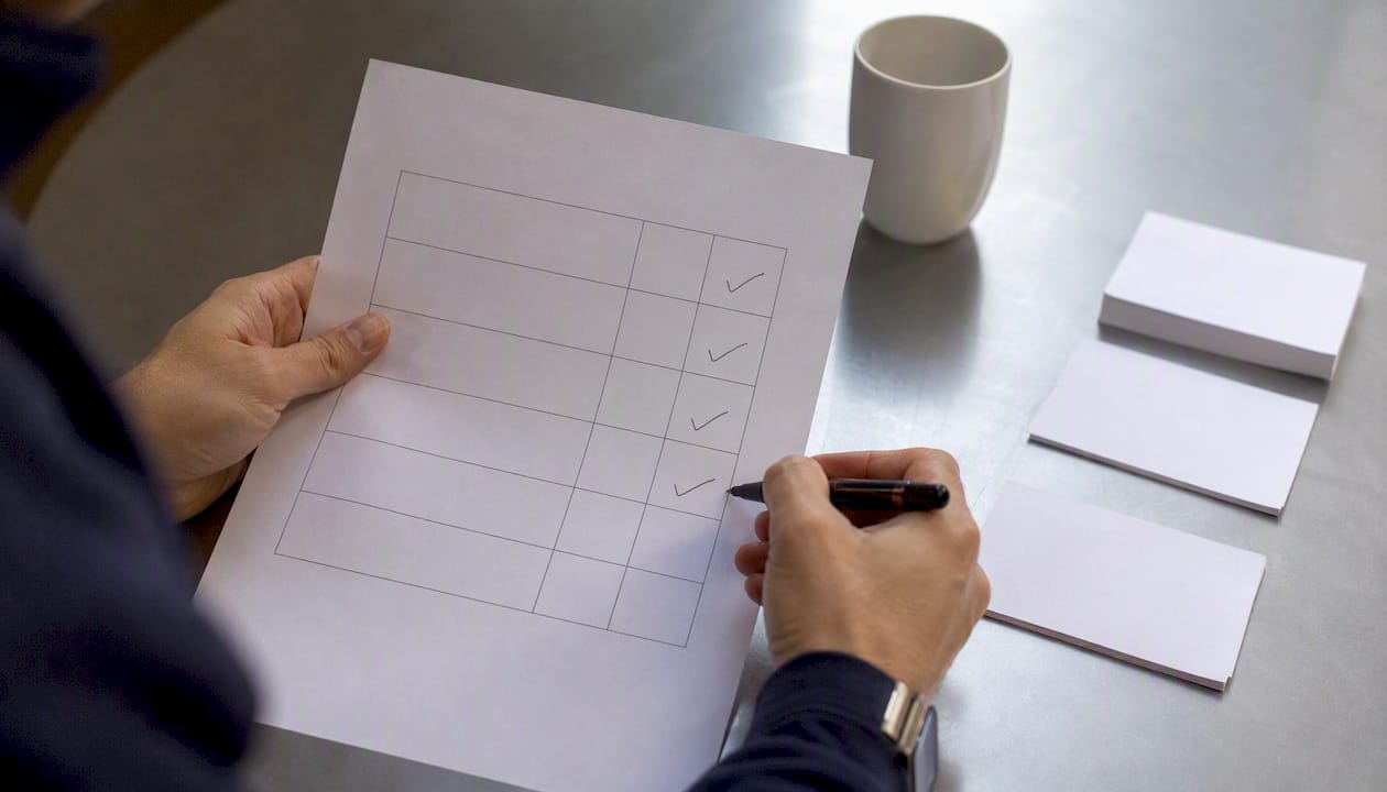 Hands marking an ad copy pre-testing rubric