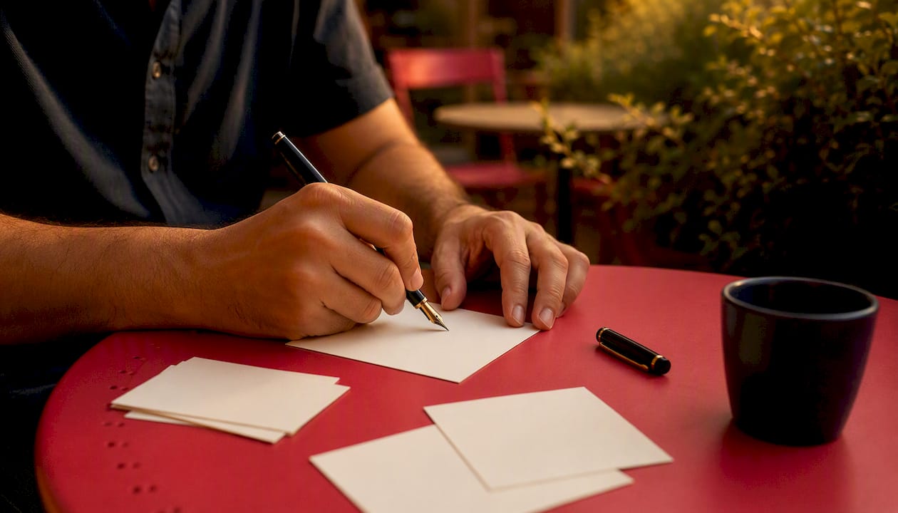 Hands writing ad copy variants on blank cards