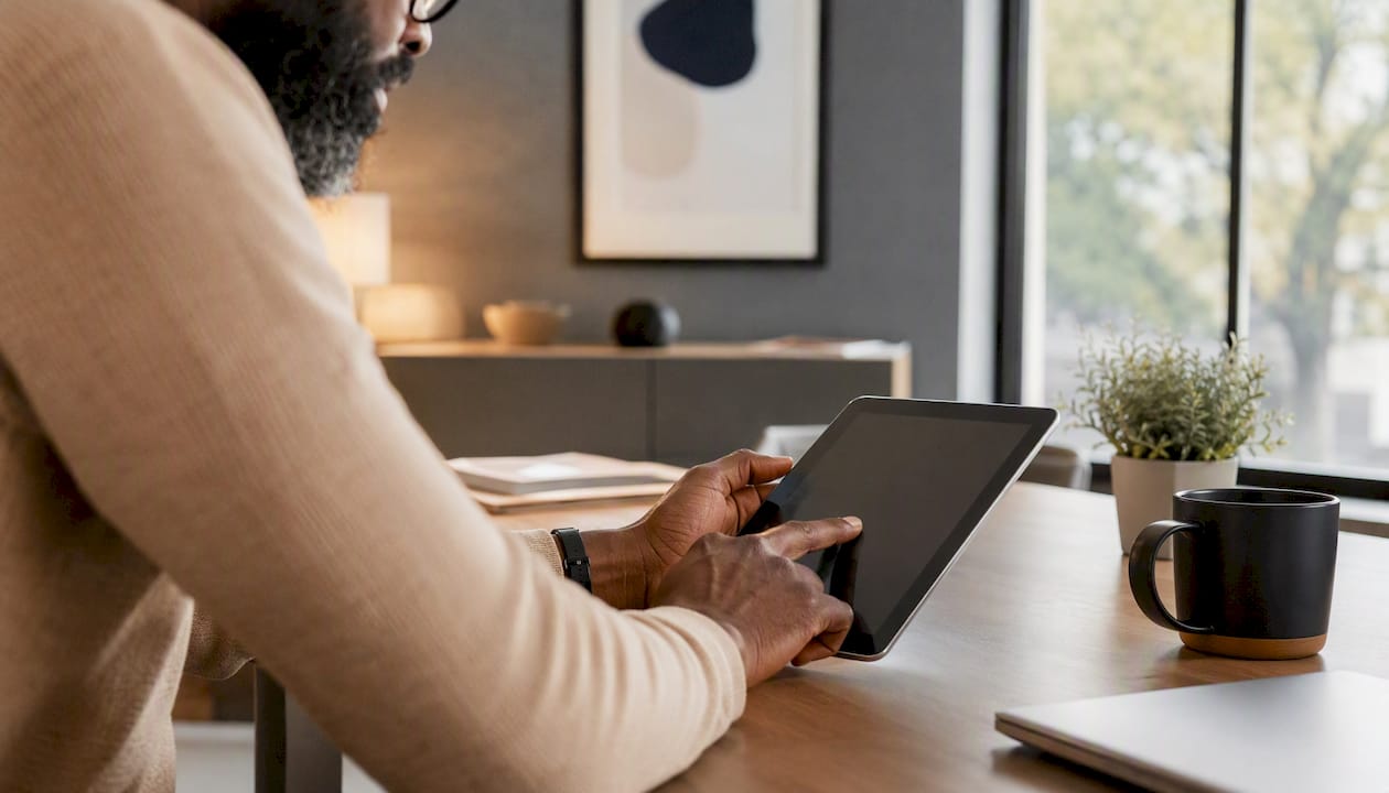 Hand filling intake form on tablet
