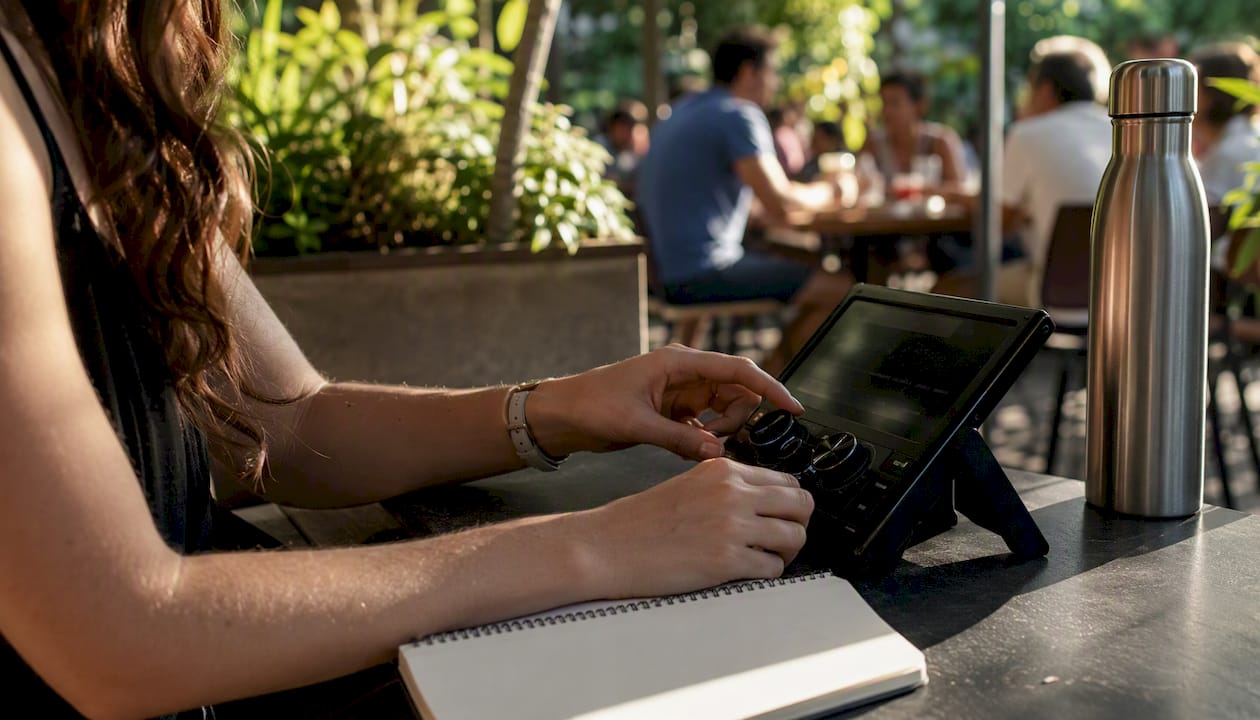 Hands adjusting testing controls in modern workspace