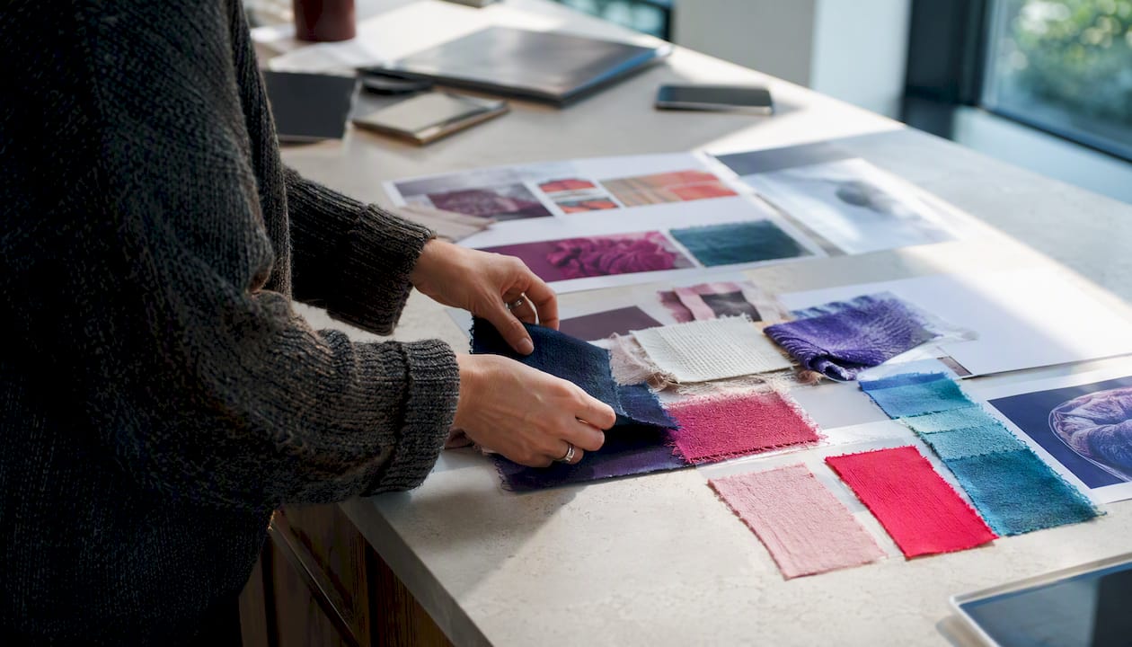 Hands adjusting ad concept swatches on table