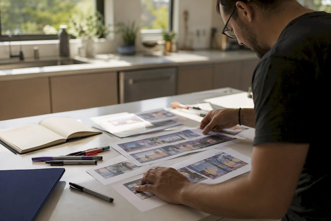 Hands arranging animated ad storyboard panels