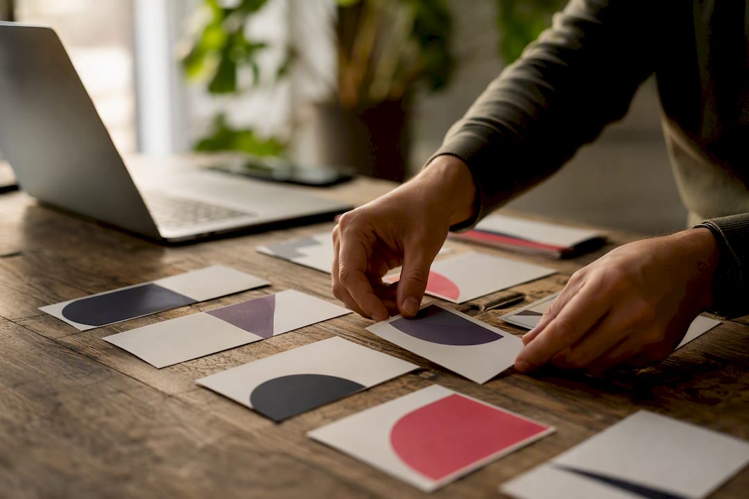 Hands arranging email campaign cards on table
