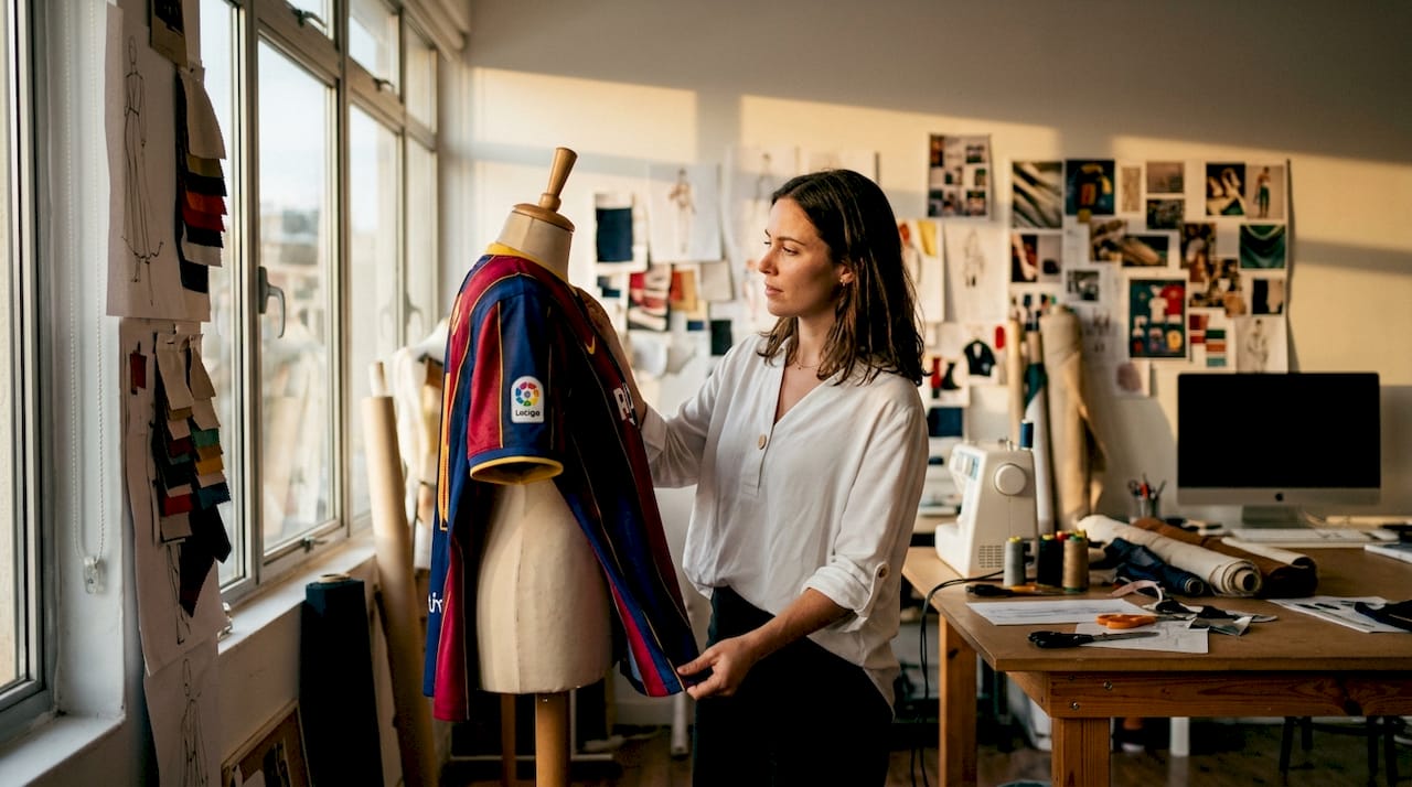 Hands adjusting football jersey on mannequin in studio