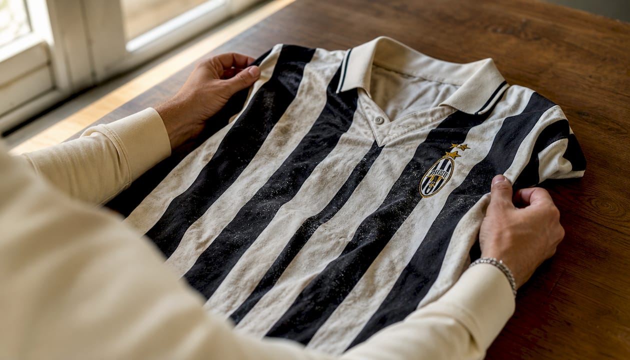 Hands holding Baggio's vintage Juventus jersey