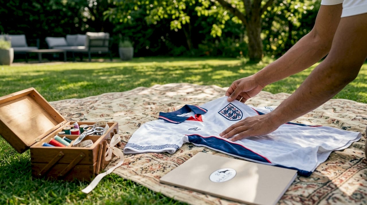 Hands inspecting authentic retro soccer jersey details