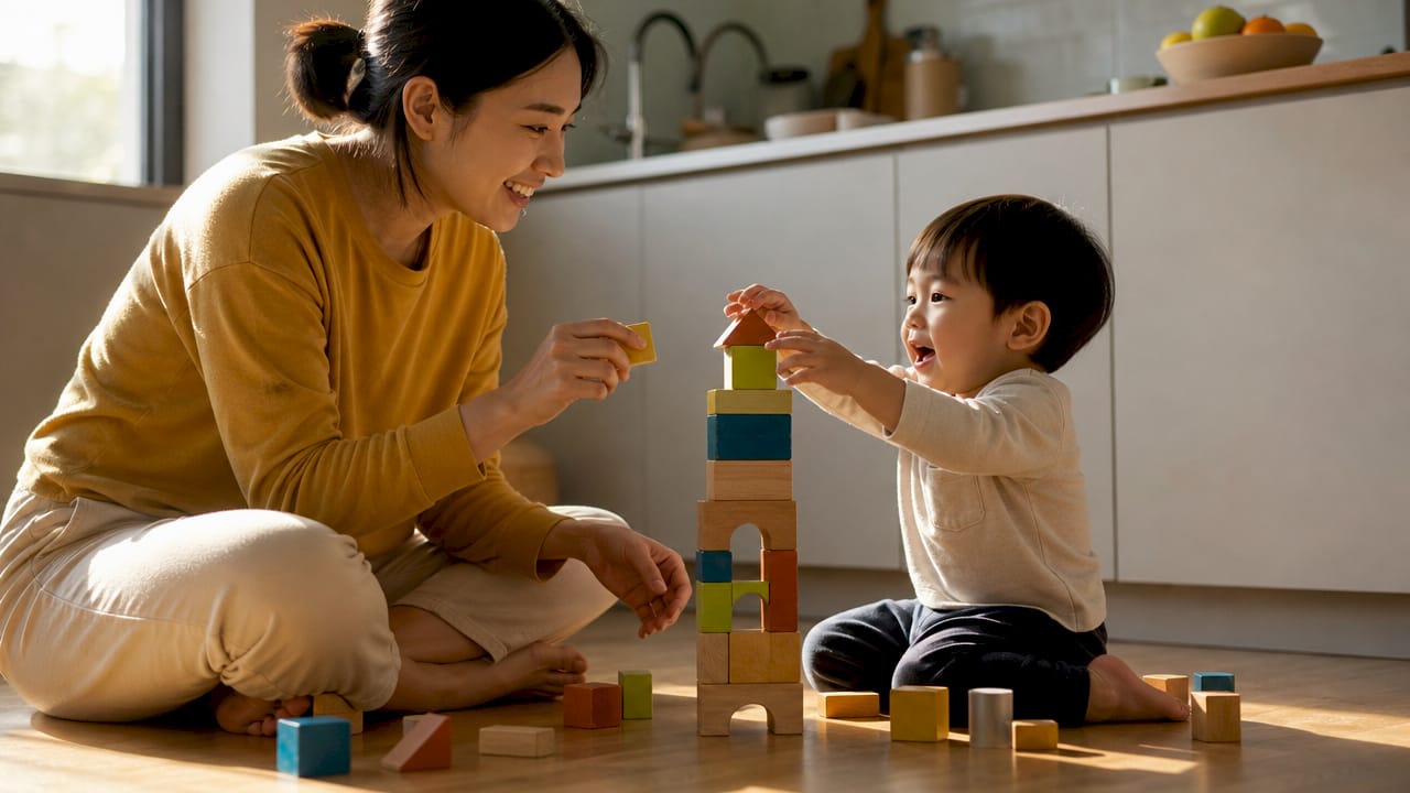 Parent guiding toddler in block stacking