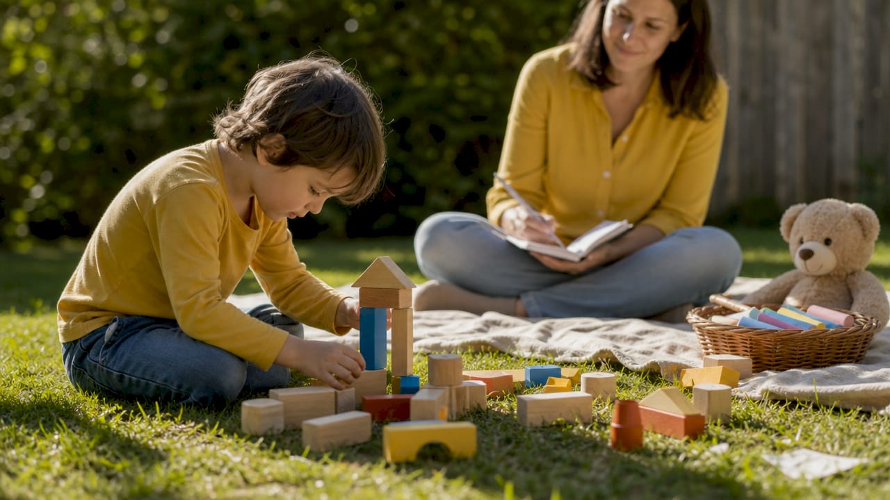 Child hands playing with blocks under parent's watch
