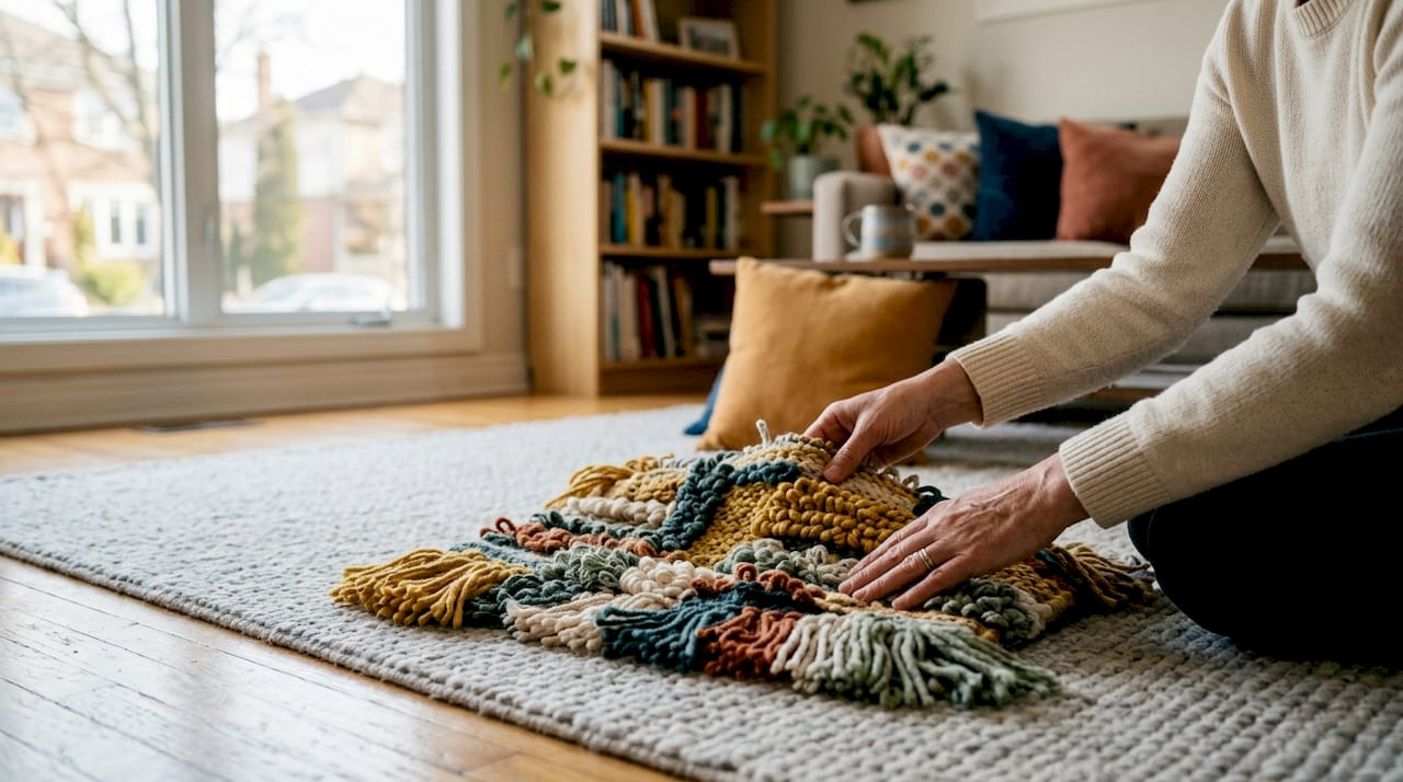 Hands placing yarn sensory mat on floor